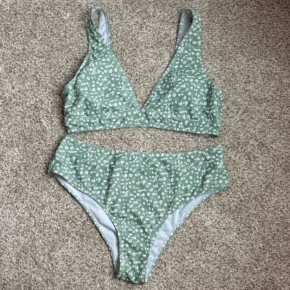 SHEIN Green Floral Two-Piece Bikini Set